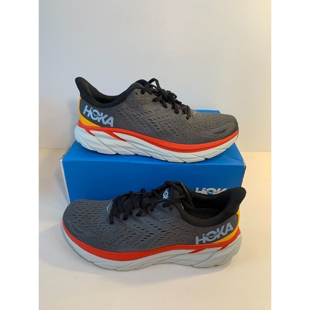 .384 Hoka Clifton 9, Mens Running Shoes, Gray/Red/Orange-US 9.5 MENS